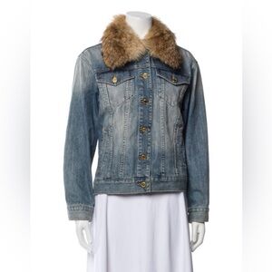 Michael Kors Blue Denim Jacket with Brown Coyote Fur Collar